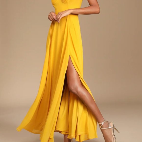 Brand New Lulu Golden Yellow Pleated Bustier Maxi Dress - Size Small - Picture 3 of 3